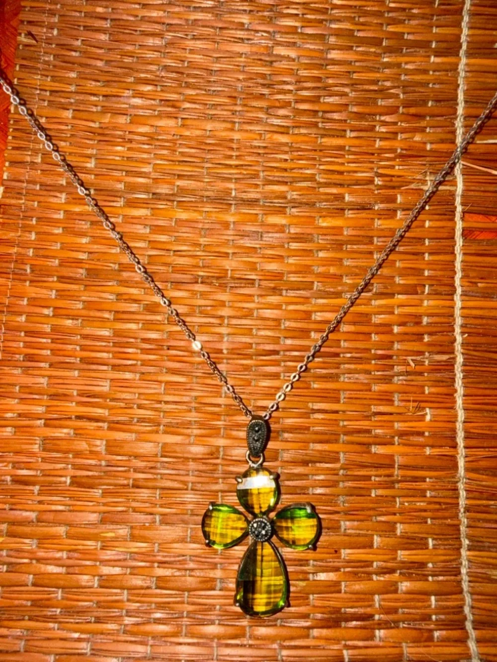 Vintage Sterling Silver Peridot & Marcasite Cross Pendant - 1.67 inch